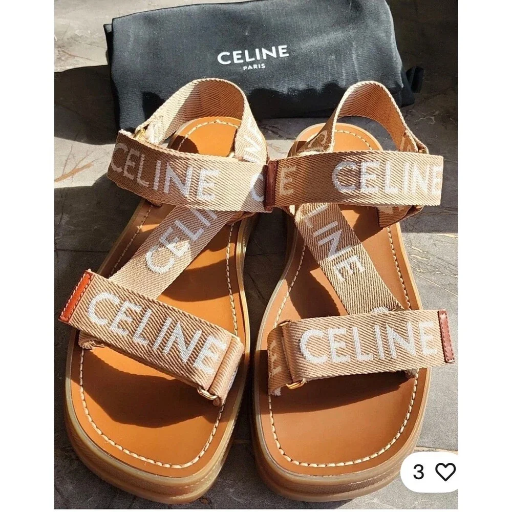 CELINE Paris Leo Wool Jacquard Strappy Sandals Light Beige/White Sz 37 MSRP $850